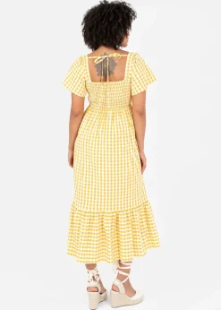 Lovedrobe Yellow Gingham Square Neck Midaxi Dress