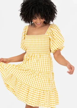 Lovedrobe Yellow Gingham Milkmaid Puff Sleeve Mini Dress
