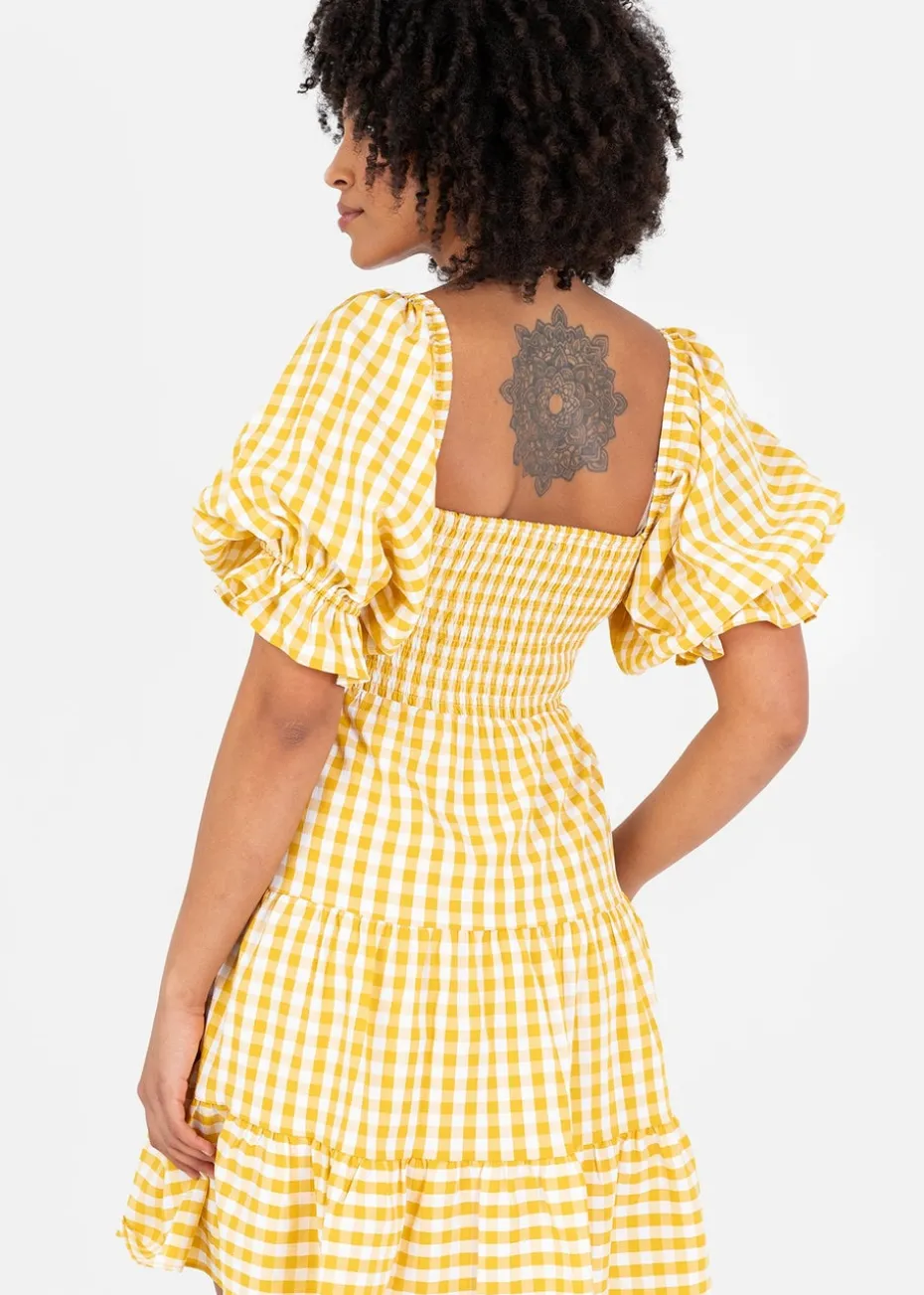 Lovedrobe Yellow Gingham Milkmaid Puff Sleeve Mini Dress