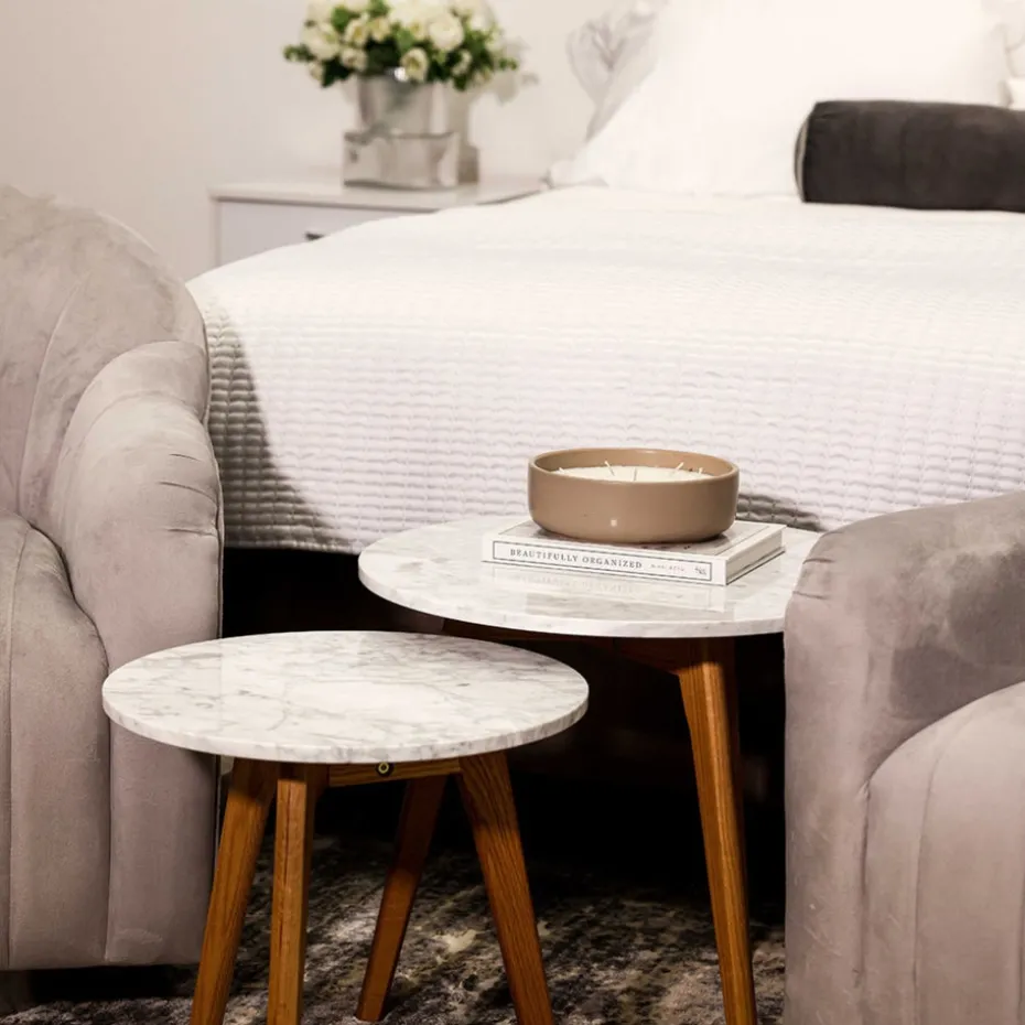 LPD Furniture Harlow Round Nest Of Tables Oak-White Marble Top (450x0x500mm)