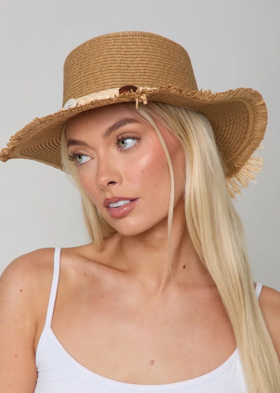Madein Straw Boater Hat With Detailed Trim And Frayed Edge