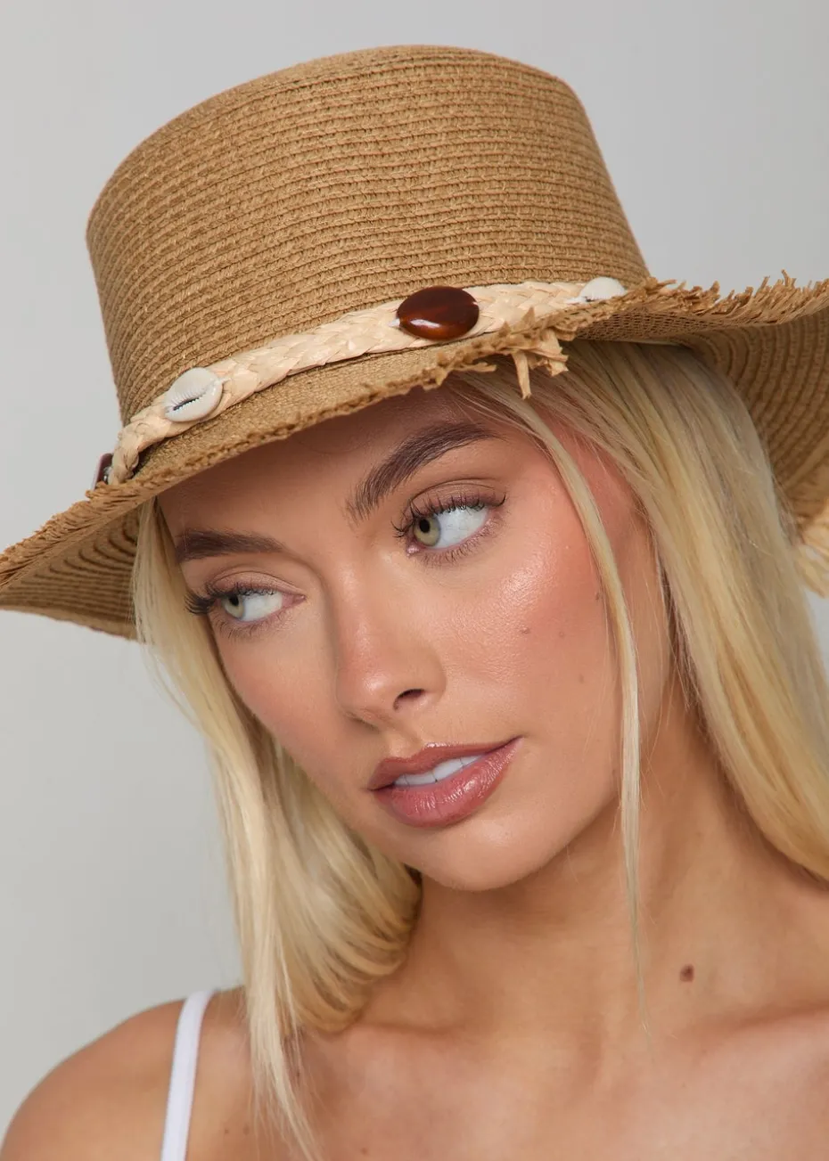 Madein Straw Boater Hat With Detailed Trim And Frayed Edge