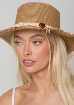 Madein Straw Boater Hat With Detailed Trim And Frayed Edge