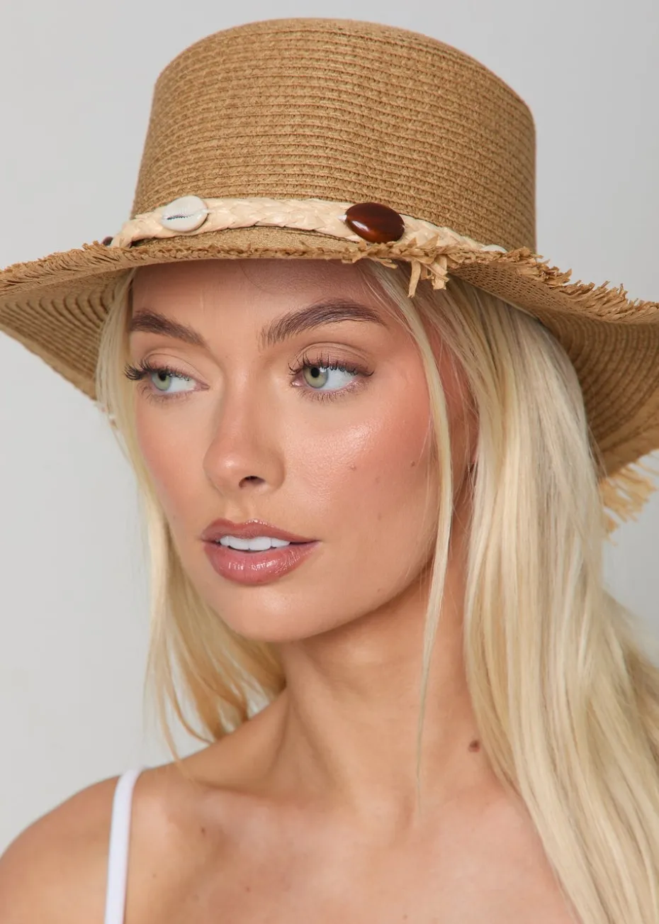 Madein Straw Boater Hat With Detailed Trim And Frayed Edge