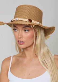 Madein Straw Boater Hat With Detailed Trim And Frayed Edge