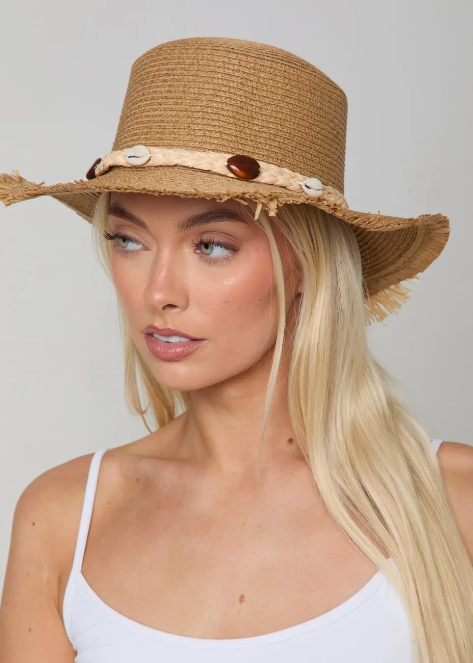 Madein Straw Boater Hat With Detailed Trim And Frayed Edge