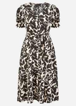 Mela Black And White Leaf Print Midi Tea Dress