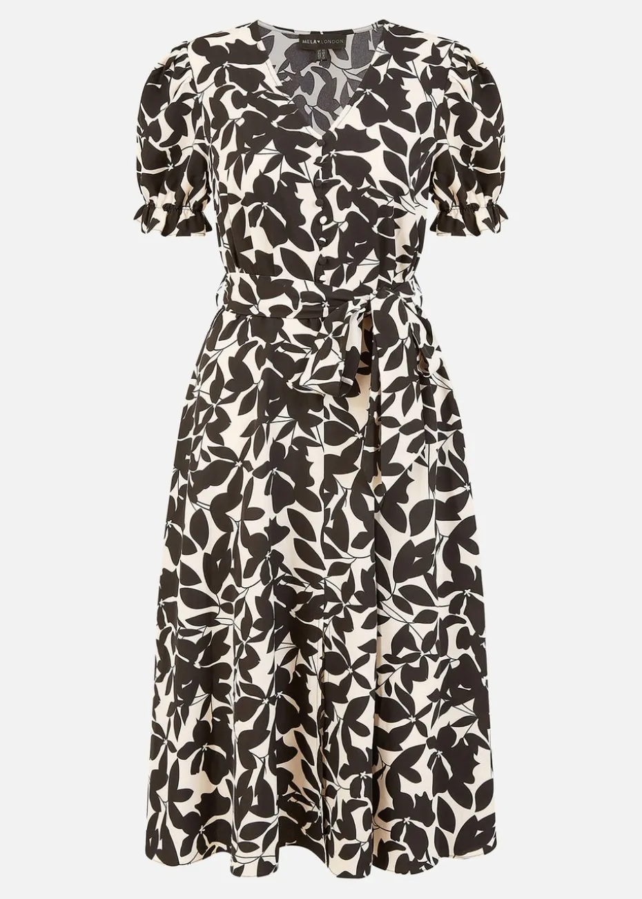 Mela Black And White Leaf Print Midi Tea Dress