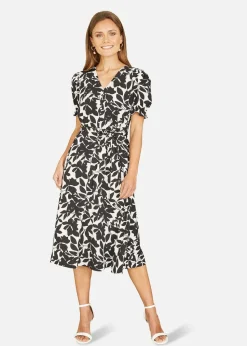 Mela Black And White Leaf Print Midi Tea Dress