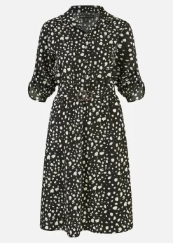 Mela Black Dash Print Skater Dress With Buckle