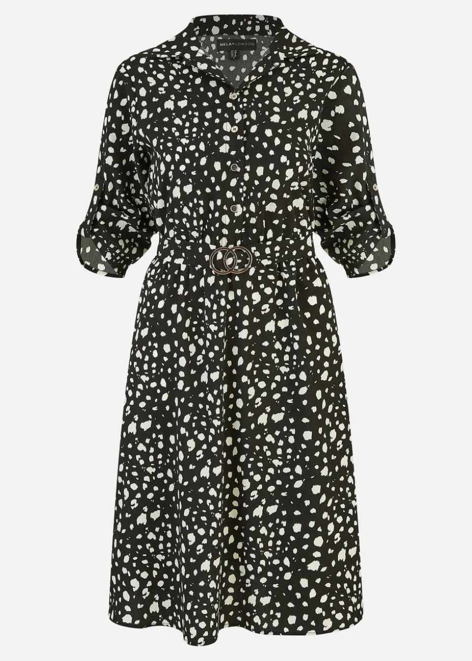 Mela Black Dash Print Skater Dress With Buckle