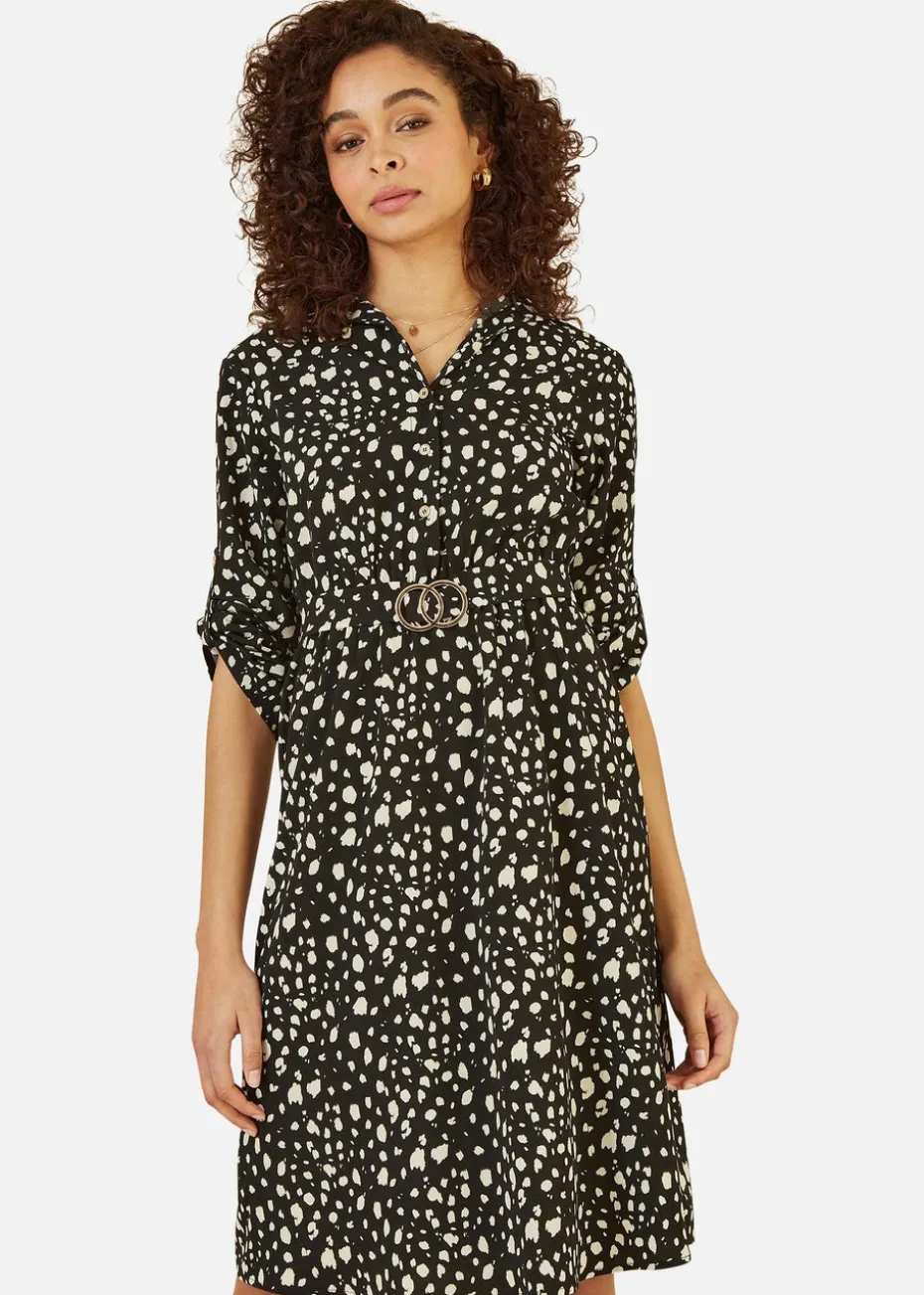 Mela Black Dash Print Skater Dress With Buckle