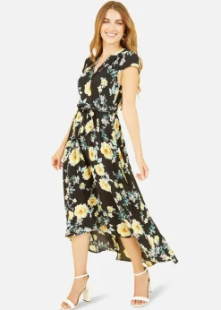 Mela Black Floral Print Dipped Hem Midi Wrap Dress