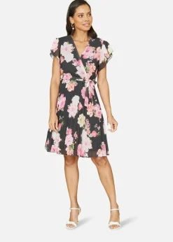 Mela Black Floral Print Pleated Wrap Skater Dress
