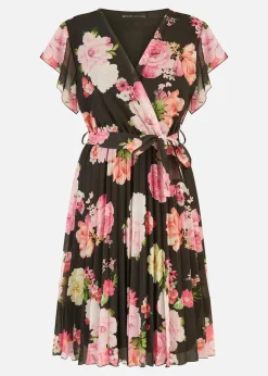 Mela Black Floral Print Pleated Wrap Skater Dress