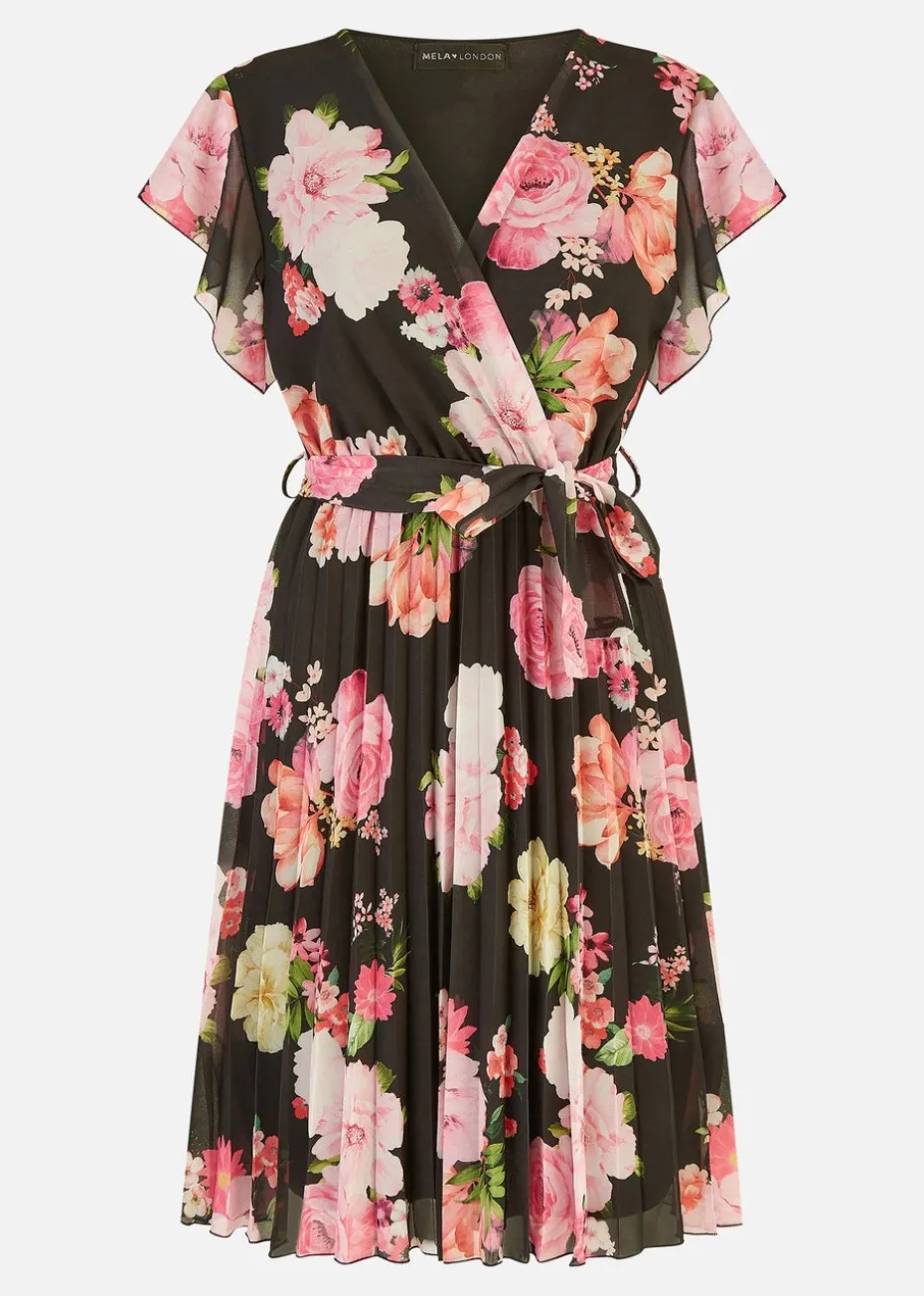 Mela Black Floral Print Pleated Wrap Skater Dress