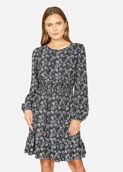 Mela Black Floral Print Ruched Waist Long Sleeve Skater Dress