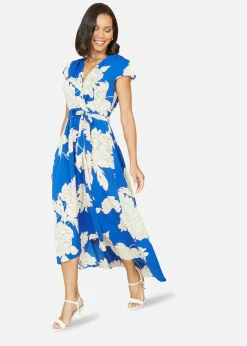 Mela Blue Blossom Print Wrap Midi With Dipped Hem