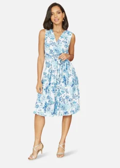 Mela Floral Wrap Over Skater Dress In Blue
