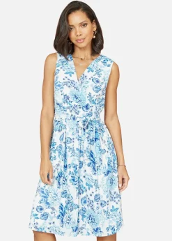 Mela Floral Wrap Over Skater Dress In Blue