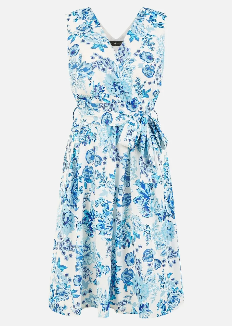 Mela Floral Wrap Over Skater Dress In Blue