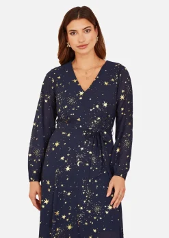 Mela Foil Star Print Long Sleeve Midi Dress In Navy