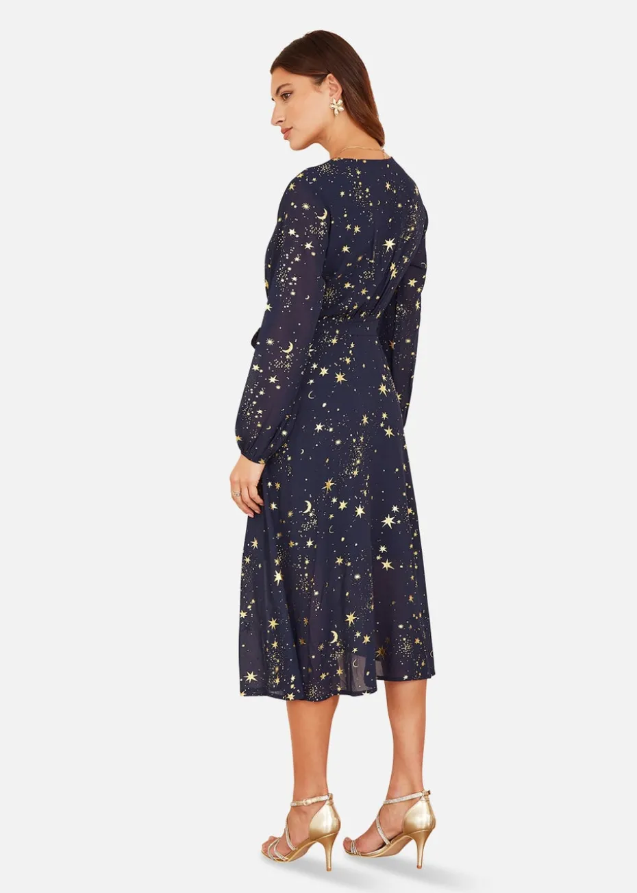 Mela Foil Star Print Long Sleeve Midi Dress In Navy