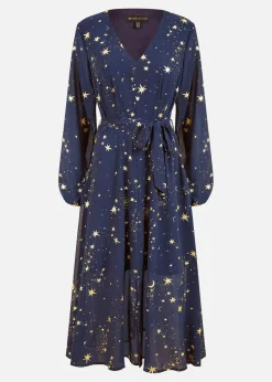 Mela Foil Star Print Long Sleeve Midi Dress In Navy
