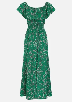 Mela Green Ditsy Print Bardot Dipped Hem Dress