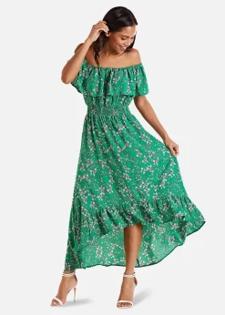 Mela Green Ditsy Print Bardot Dipped Hem Dress