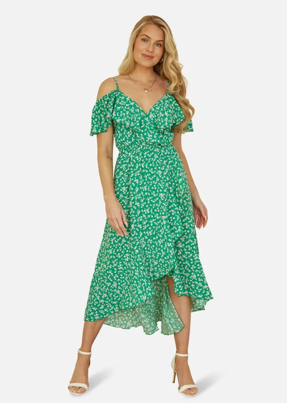 Mela Green Ditsy Print Bardot Midi Dress With Dip Hem
