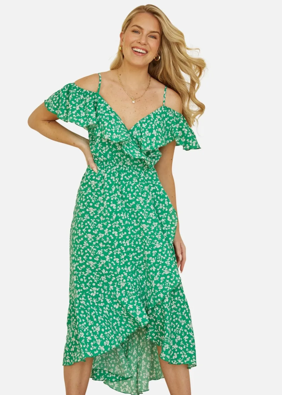 Mela Green Ditsy Print Bardot Midi Dress With Dip Hem