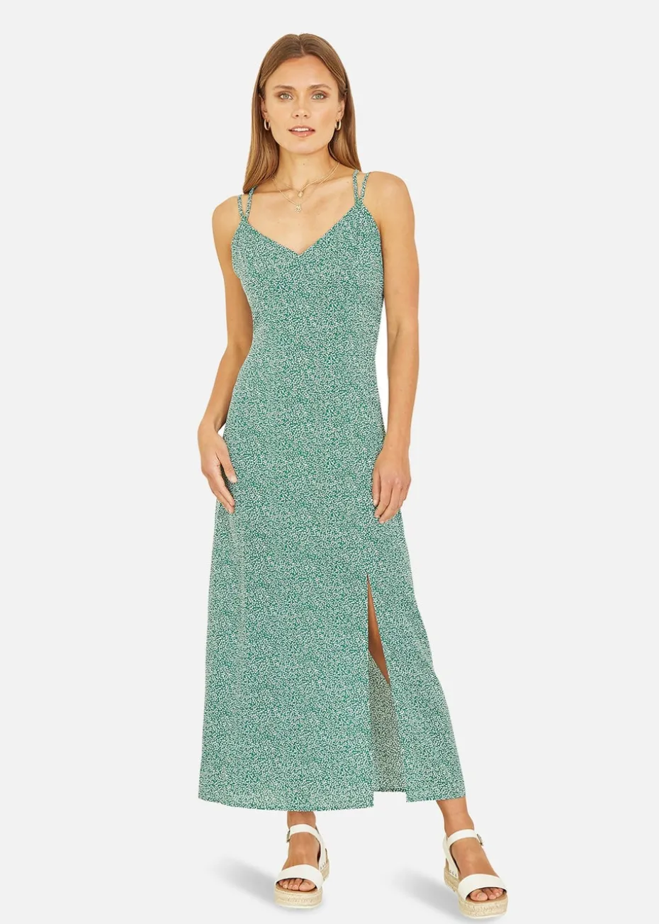 Mela Green Ditsy Print Midi Dress With Side Split