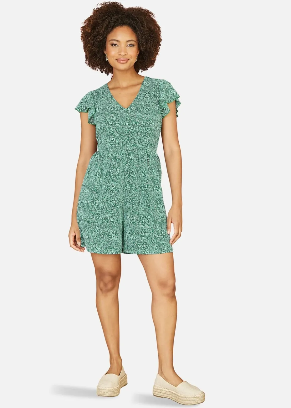 Mela Green Ditsy Print V Neck Playsuit