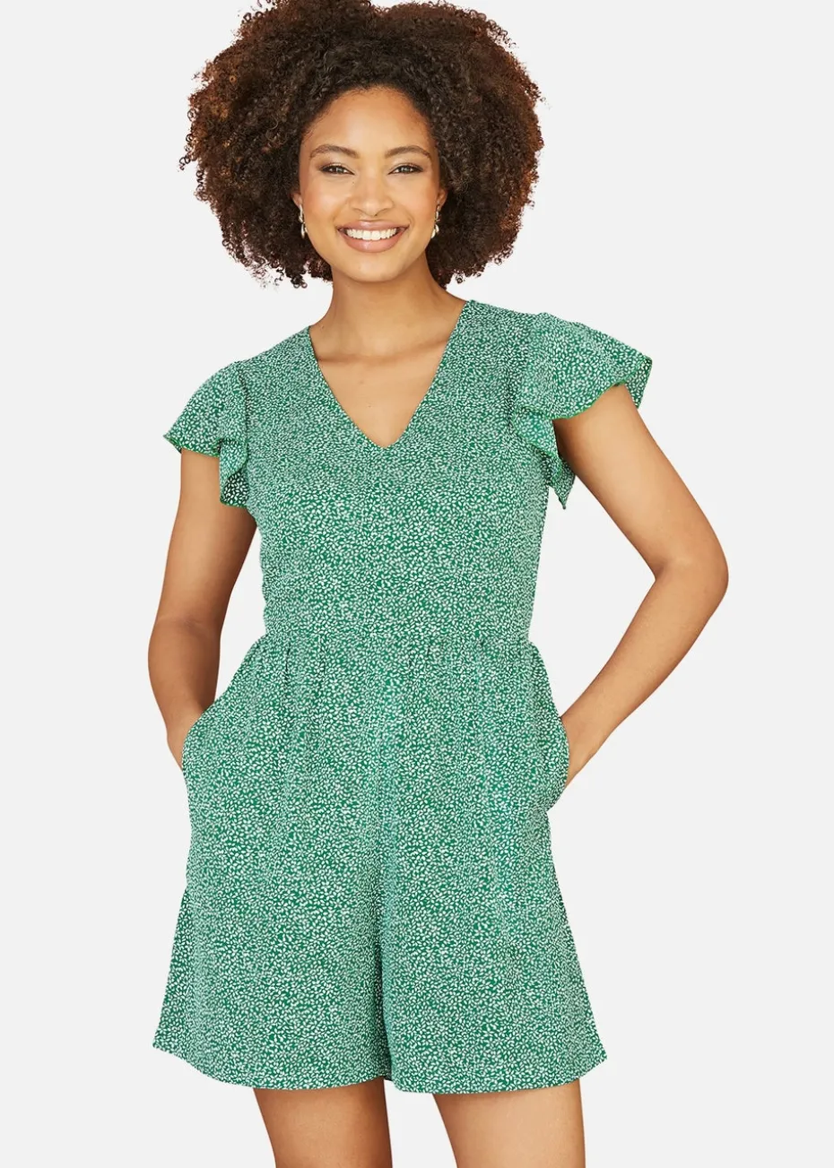 Mela Green Ditsy Print V Neck Playsuit