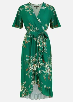 Mela Green Floral Dip Hem Wrap Midi Dress