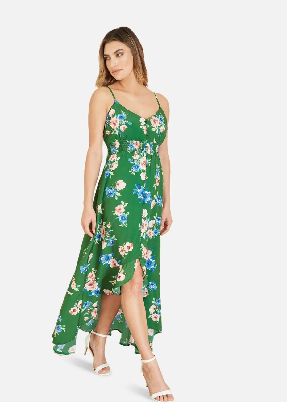 Mela Green Floral High Low Frill Midi Dress