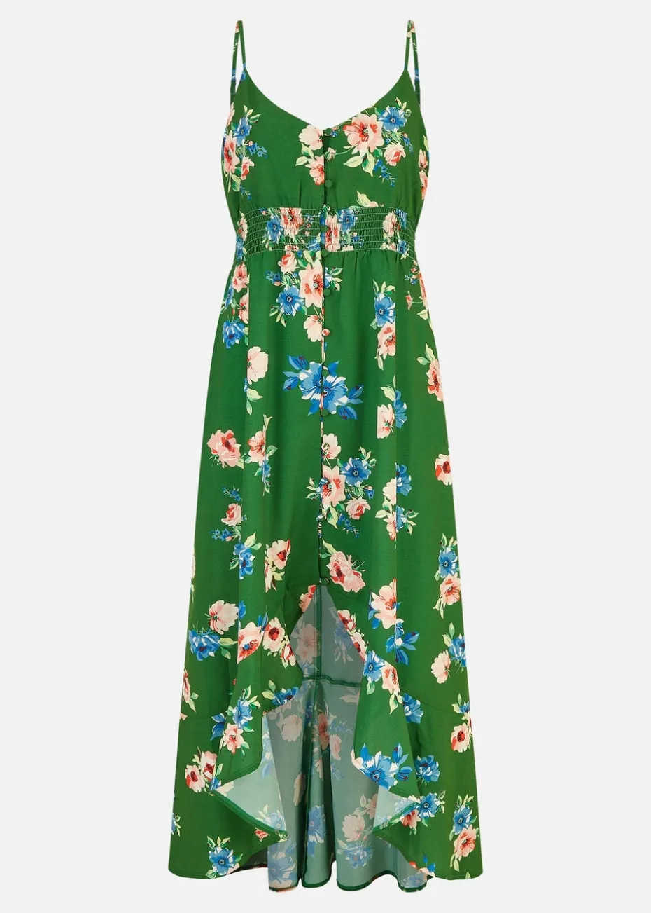 Mela Green Floral High Low Frill Midi Dress