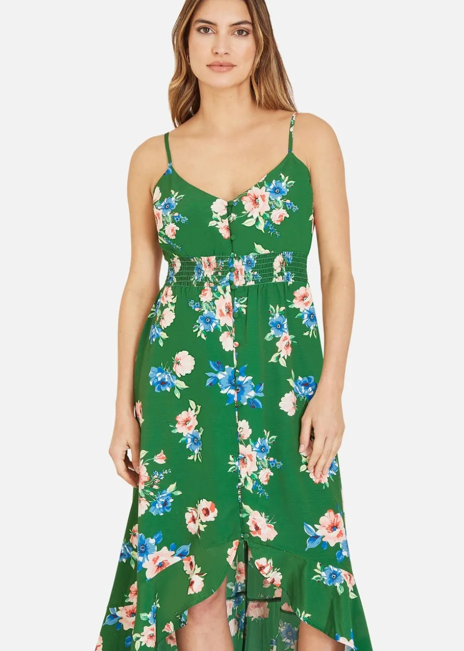 Mela Green Floral High Low Frill Midi Dress