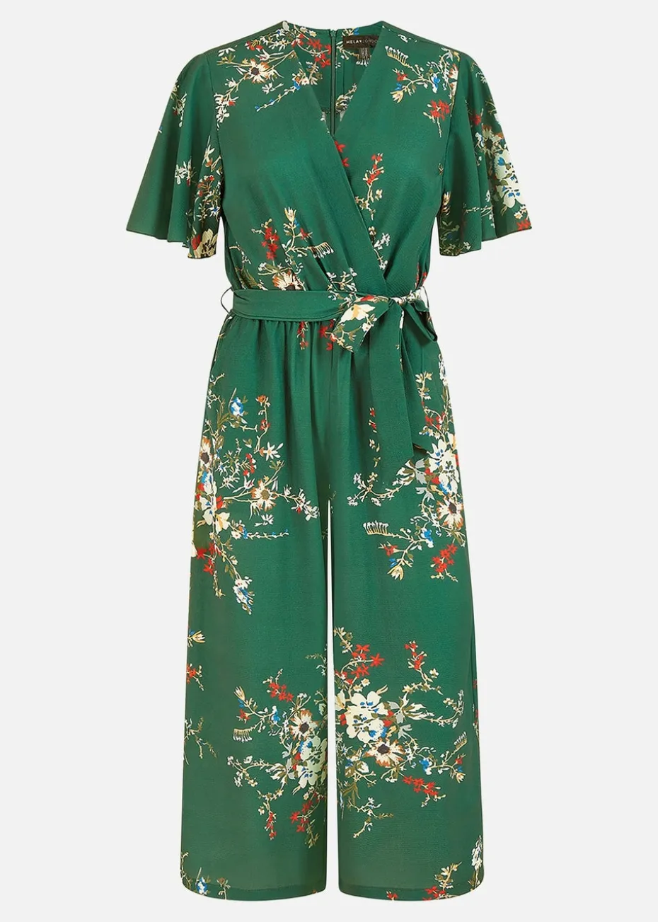 Mela Green Floral Print Jumpsuit With Angel Sleeves