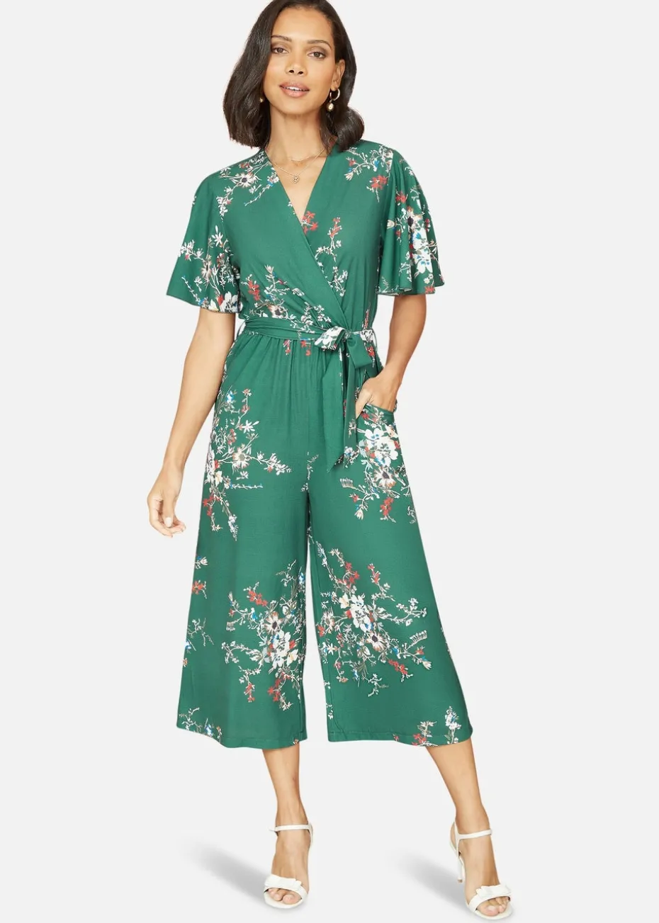 Mela Green Floral Print Jumpsuit With Angel Sleeves