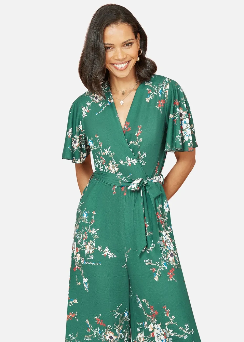Mela Green Floral Print Jumpsuit With Angel Sleeves