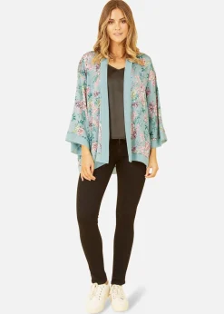 Mela Green Floral Satin Kimono