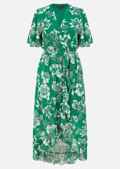 Mela Green Floral Wrap Midi Dress With Frill Detail