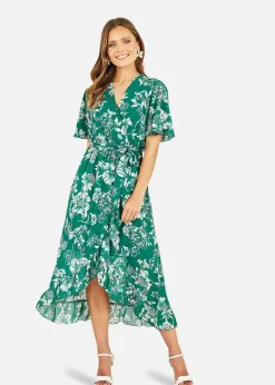 Mela Green Floral Wrap Midi Dress With Frill Detail