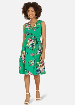 Mela Green Floral Wrap Over Midi Skater Dress