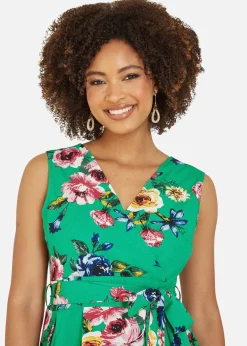 Mela Green Floral Wrap Over Midi Skater Dress