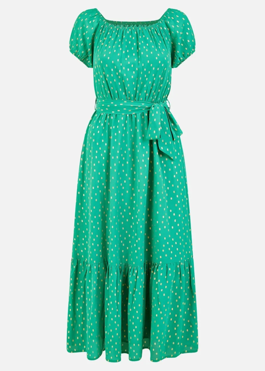 Mela Green Foil Print Bardot Midi Dress