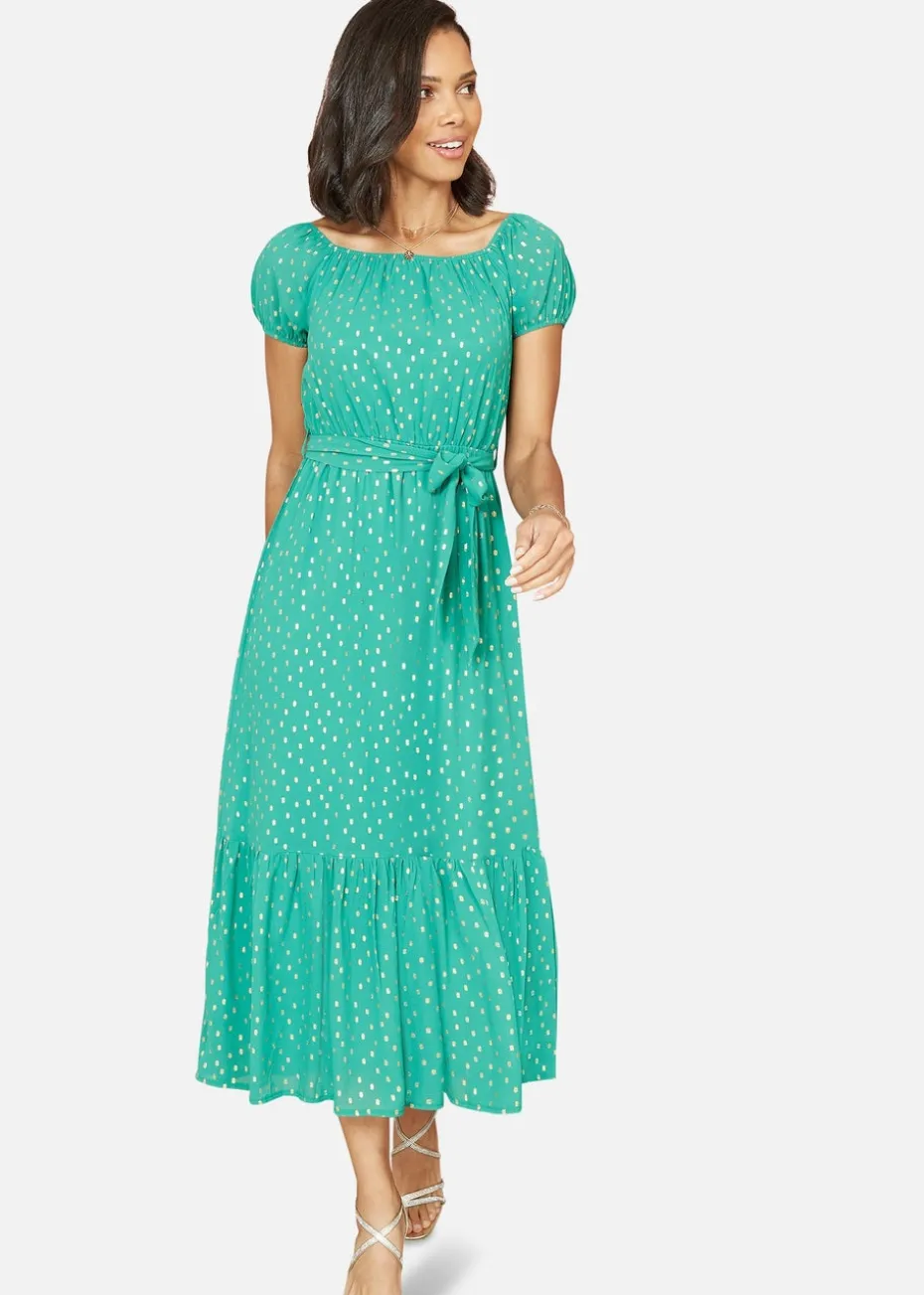 Mela Green Foil Print Bardot Midi Dress