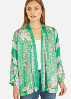 Mela Green Paisley Print Satin Kimono